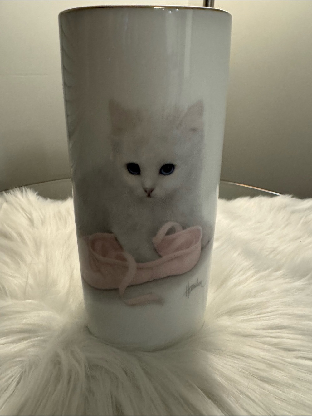 Vintage Otagiri Bob Harrison White Cat with Pink Slipper Vase 8”